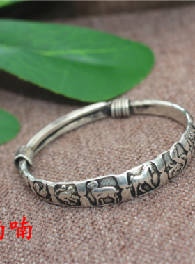 铜镀银民族风仿古仿老银苗银手镯