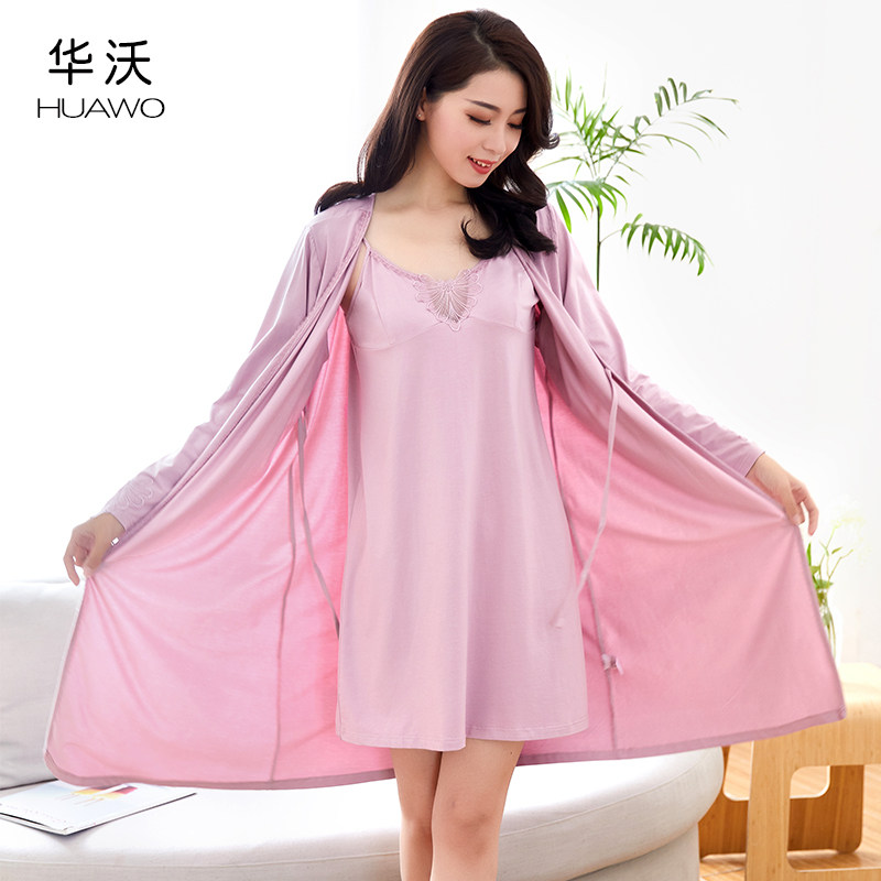 春秋季连体中长酒红色竹纤维睡裙 华沃服饰睡袍/浴袍