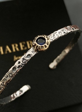 925纯银泰银复古蓝色锆石撞色涂鸦手镯女开口手环ins小众轻奢百搭