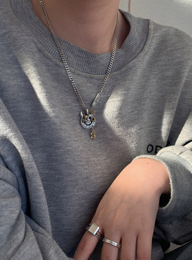 s925纯银泰银复古皇冠项链女网红笑脸吊坠项坠小恶魔复古时尚重工