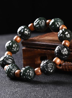 天然新疆和田玉墨青玉手串把件