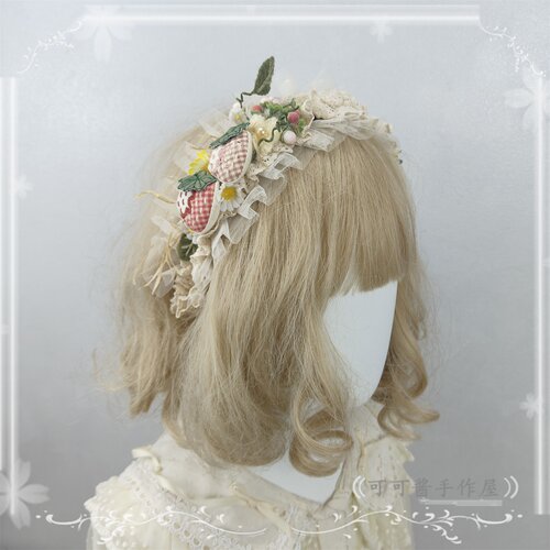 原创草莓手作小物扁帽发夹 洛丽塔甜美草莓小物蕾丝蝴蝶结发饰 - 图0