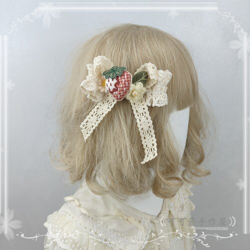 原创草莓手作小物扁帽发夹 洛丽塔甜美草莓小物蕾丝蝴蝶结发饰 - 图1