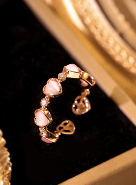 日系猫眼石爱心戒指小众轻奢