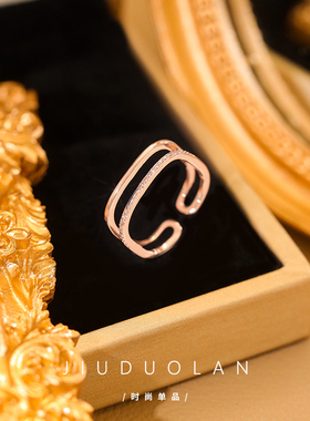 双层小方戒戒指女镶钻时尚