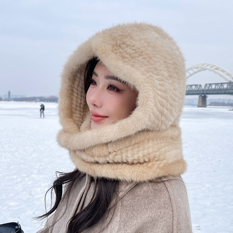 水貂编织风雪帽 冬季保暖围巾帽子一体皮草帽 男女户外裘皮帽子,淘宝优惠券,粉丝福利购,淘宝优惠卷