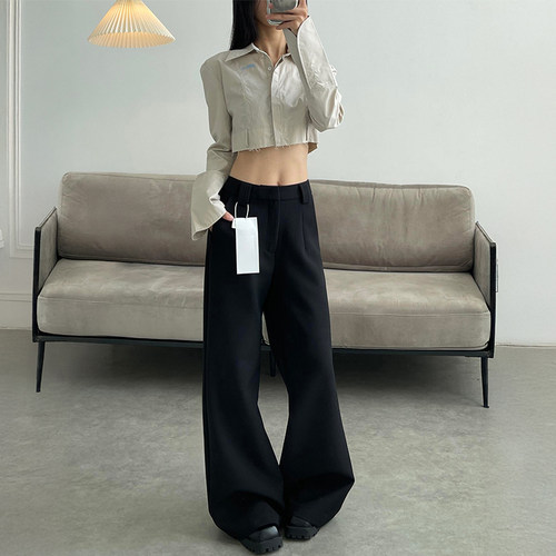 黑色阔腿西装裤女秋冬新款胖妹妹mm梨型身材高腰宽松显瘦休闲裤子 - 图0