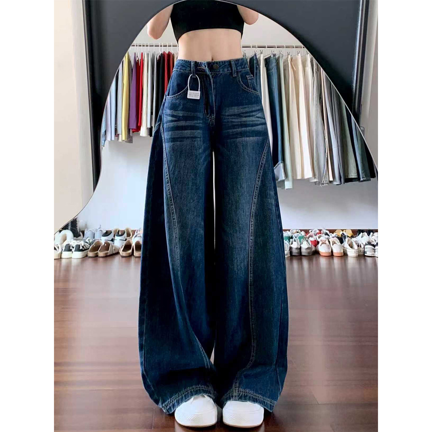 美式复古蓝水洗弯刀牛仔裤女秋冬新款胖妹妹mm高腰宽松显瘦阔腿裤,淘宝优惠券,粉丝福利购,淘宝优惠卷