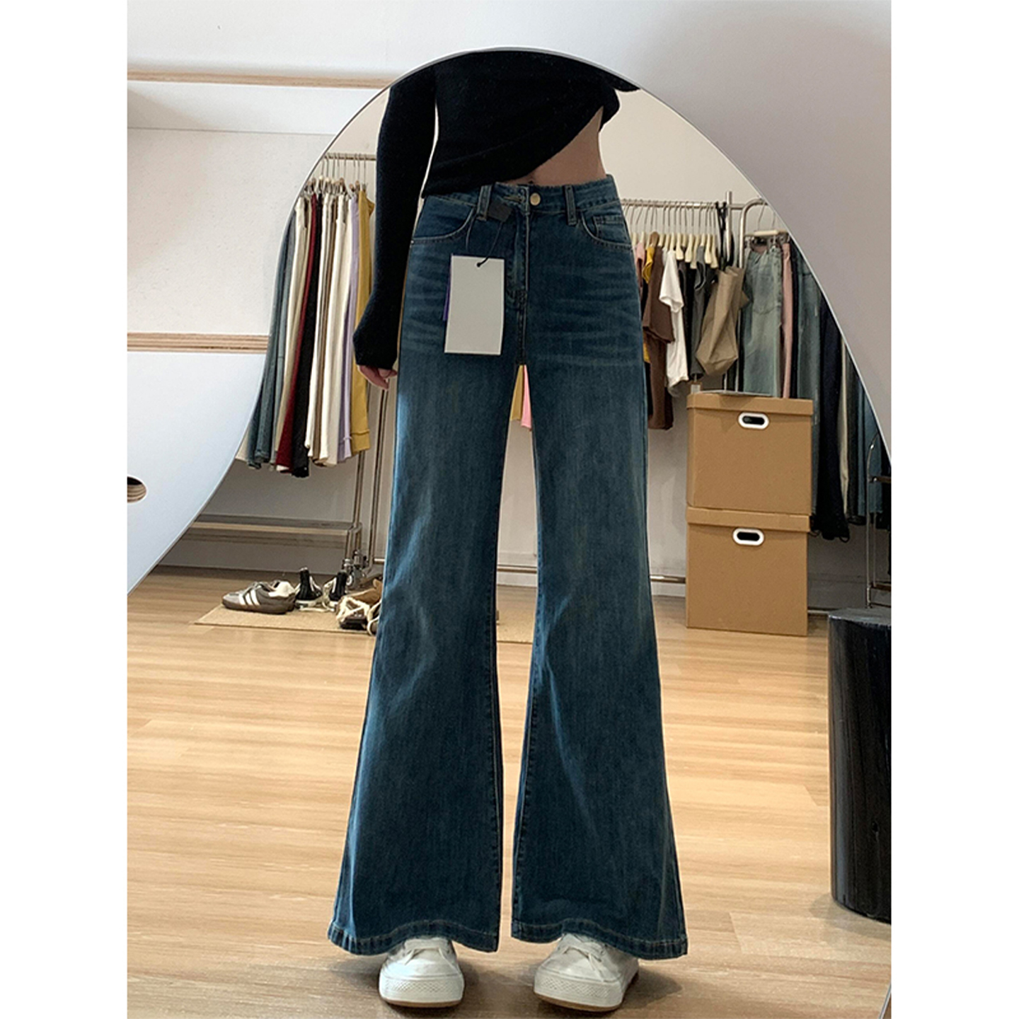 不贴腿微喇牛仔裤女秋冬新款胖妹妹mm梨型身材高腰弹力显瘦喇叭裤 - 图0