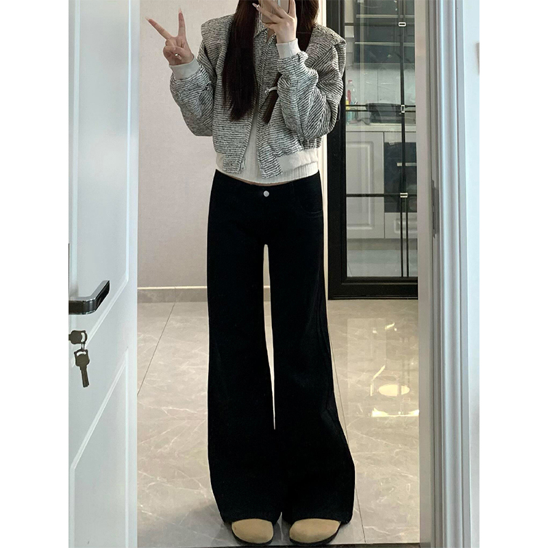 黑色微喇牛仔裤女秋冬加绒胖妹妹mm梨型身材高腰弹力显瘦马蹄裤子 - 图1