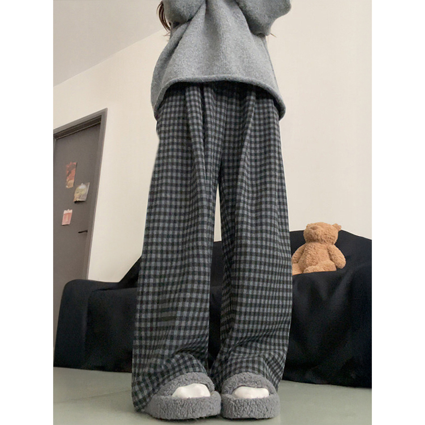 黑灰色格子裤女秋冬加绒胖妹妹mm梨型身材高腰宽松显瘦阔腿休闲裤,淘宝优惠券,粉丝福利购,淘宝优惠卷