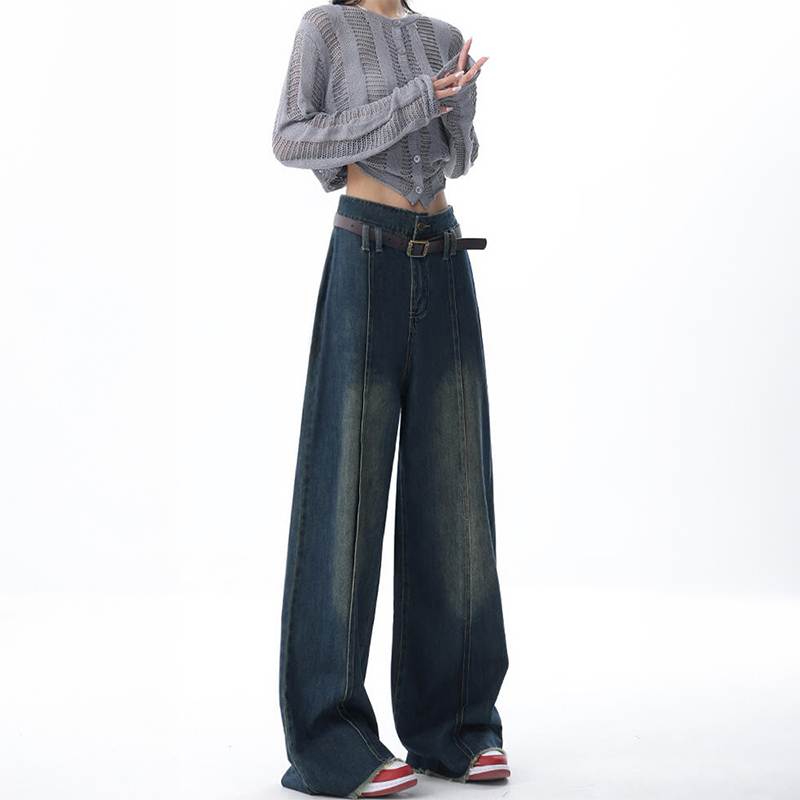 美式阔腿牛仔裤女秋冬新款胖妹妹mm梨型身材高腰宽松显瘦直筒长裤