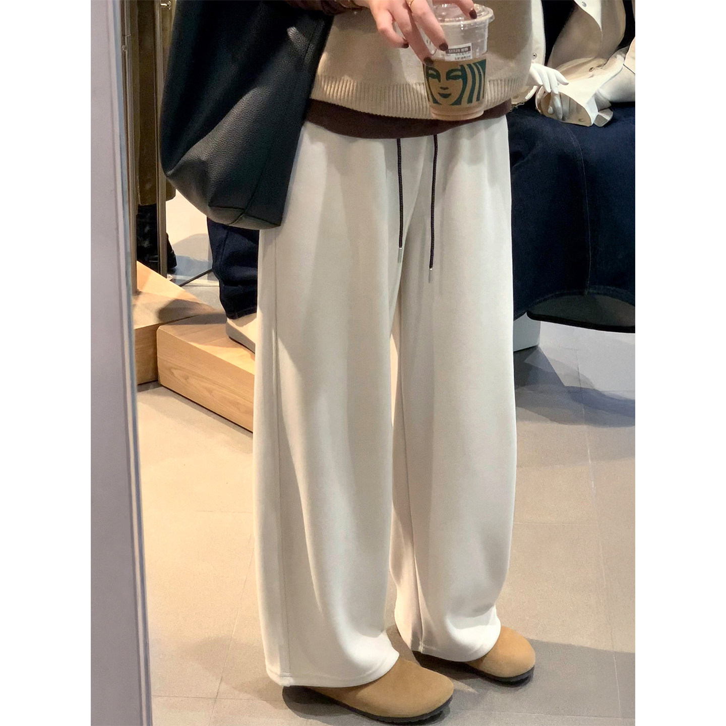 慵懒感米杏色毛呢阔腿裤女秋冬新款胖妹妹mm高腰宽松显瘦休闲裤子,淘宝优惠券,粉丝福利购,淘宝优惠卷