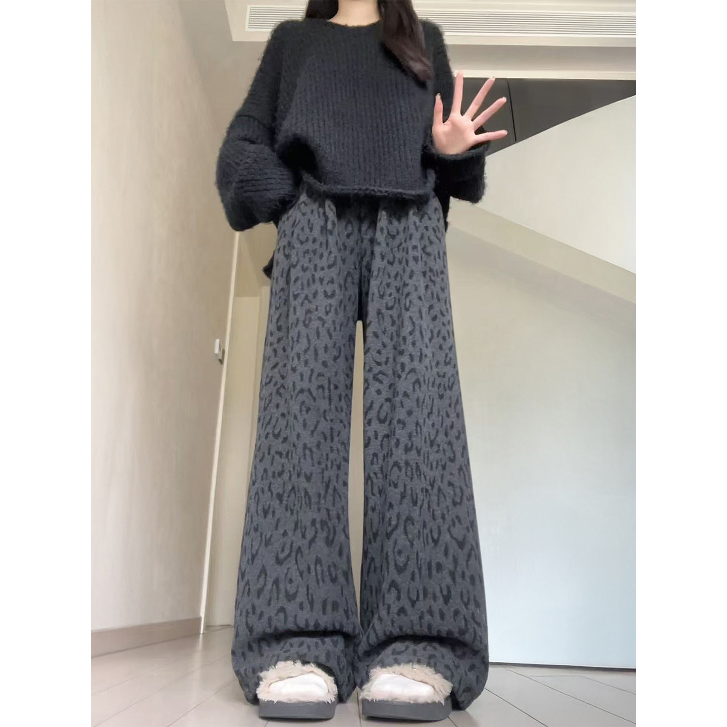 加绒加厚豹纹裤子女冬季新款胖妹妹mm高腰宽松显瘦阔腿糯米休闲裤,淘宝优惠券,粉丝福利购,淘宝优惠卷