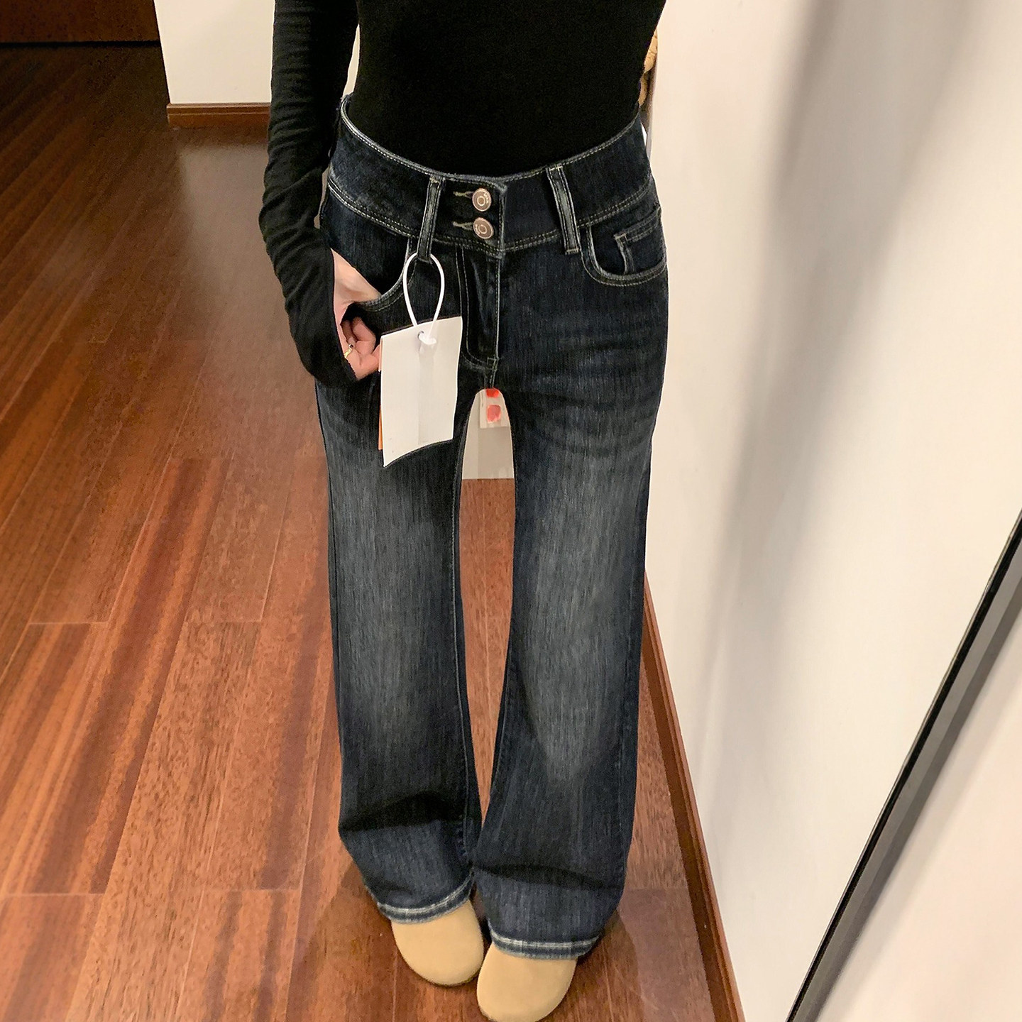 美式复古加绒加厚微喇牛仔裤女冬季新款胖妹妹mm高腰显瘦马蹄长裤,淘宝优惠券,粉丝福利购,淘宝优惠卷