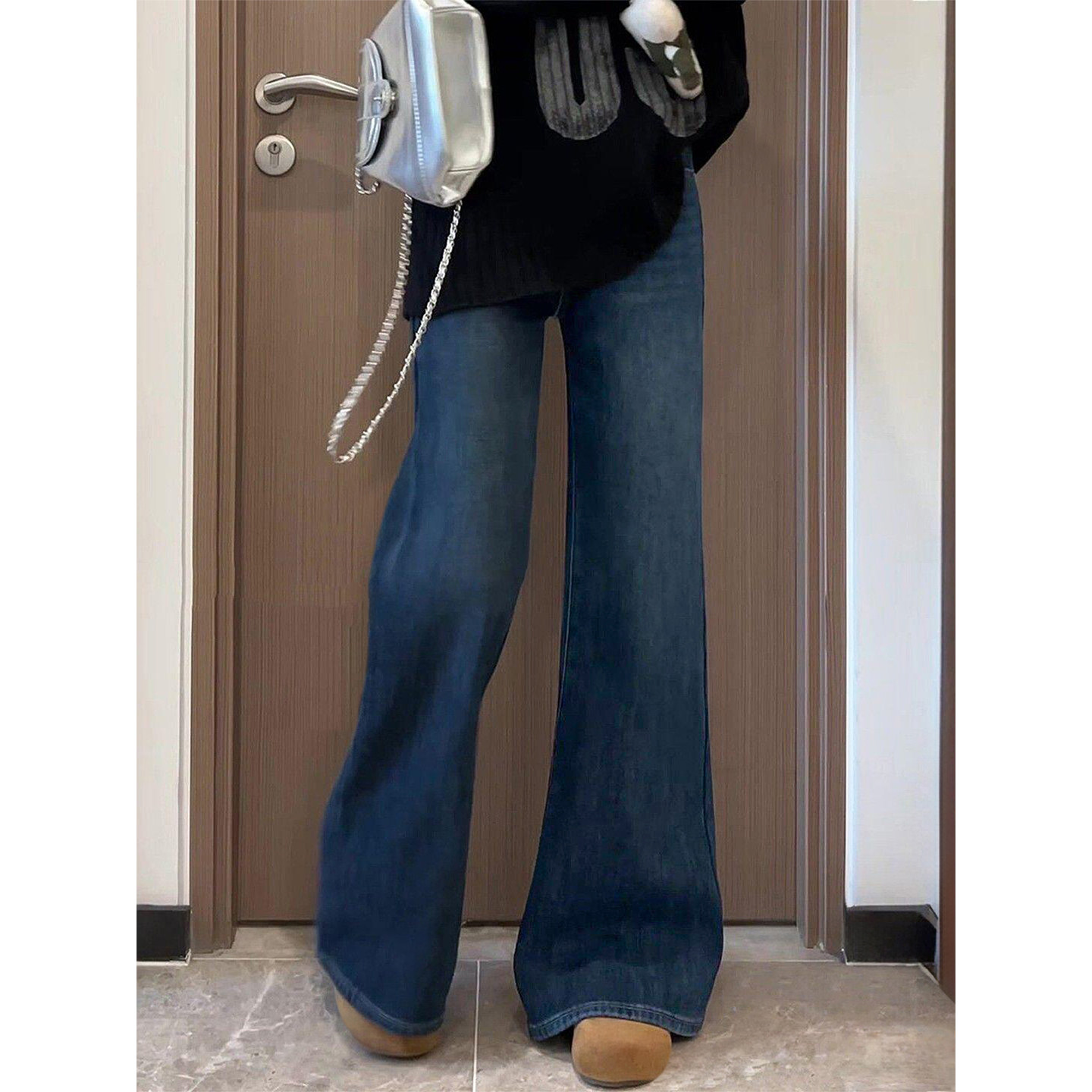 深蓝色加绒微喇牛仔裤女冬季胖妹妹mm高腰弹力显瘦不贴腿阔腿长裤,淘宝优惠券,粉丝福利购,淘宝优惠卷