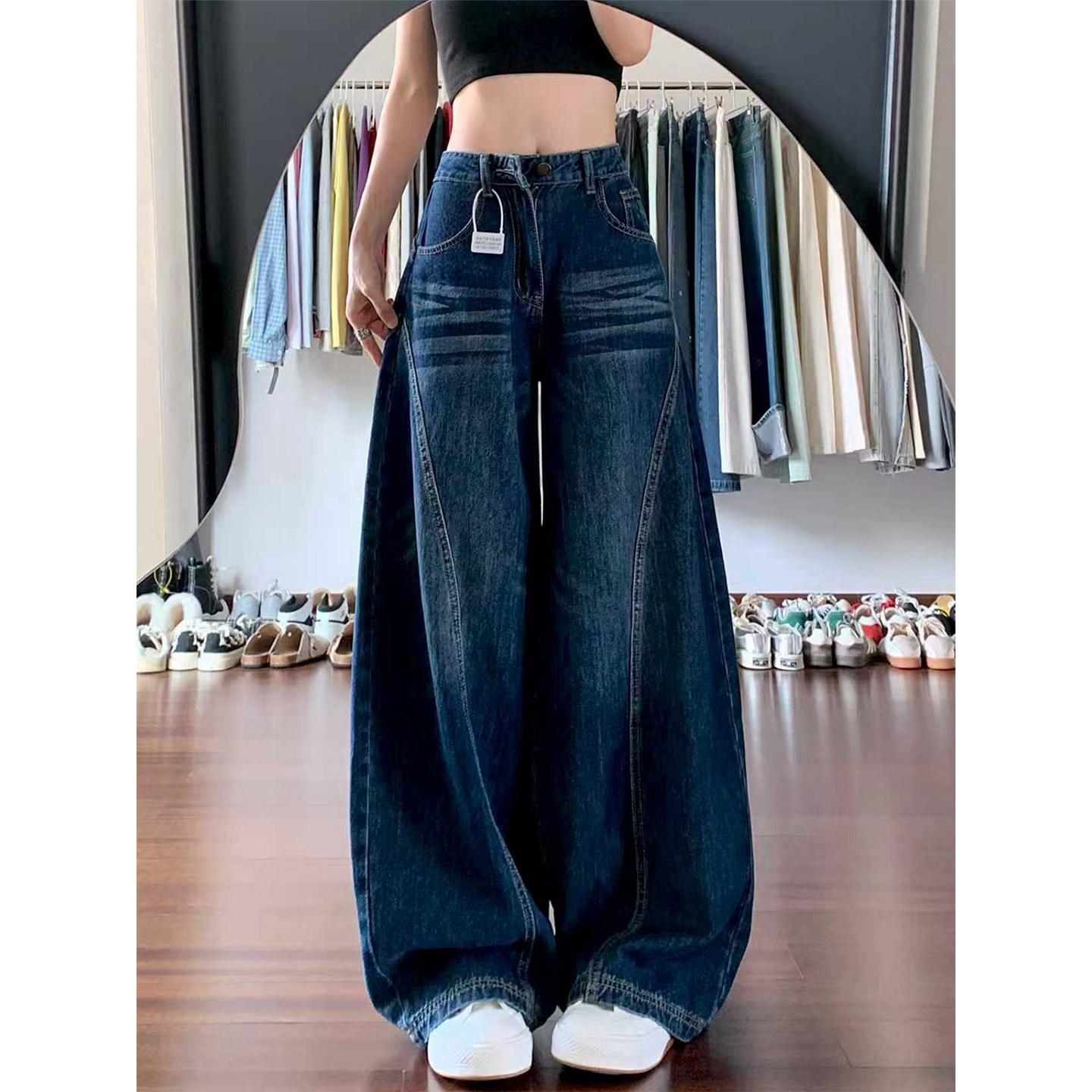 美式复古蓝水洗弯刀牛仔裤女秋冬新款胖妹妹mm高腰宽松显瘦阔腿裤,淘宝优惠券,粉丝福利购,淘宝优惠卷