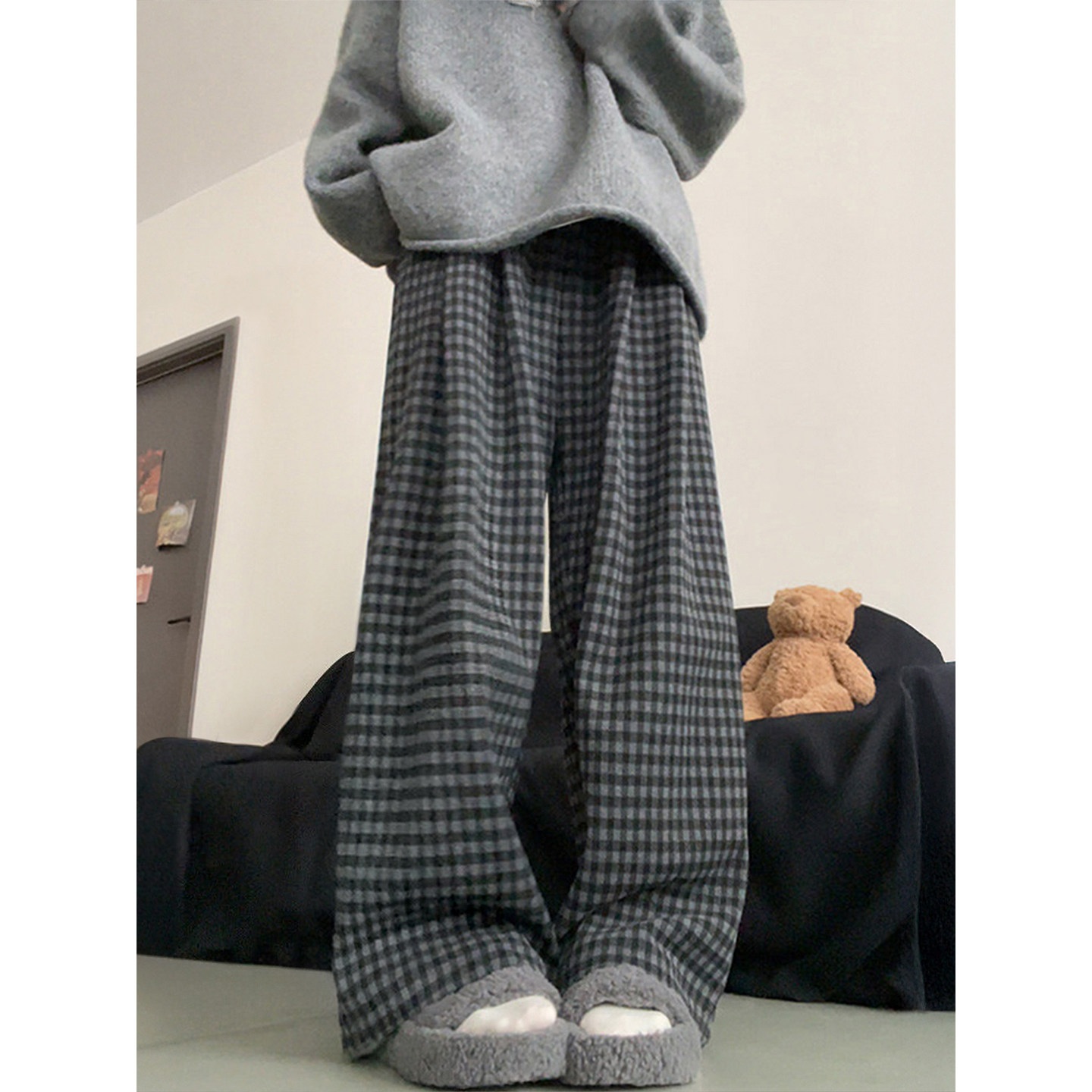 黑灰色格子裤女秋冬加绒胖妹妹mm梨型身材高腰宽松显瘦阔腿休闲裤,淘宝优惠券,粉丝福利购,淘宝优惠卷
