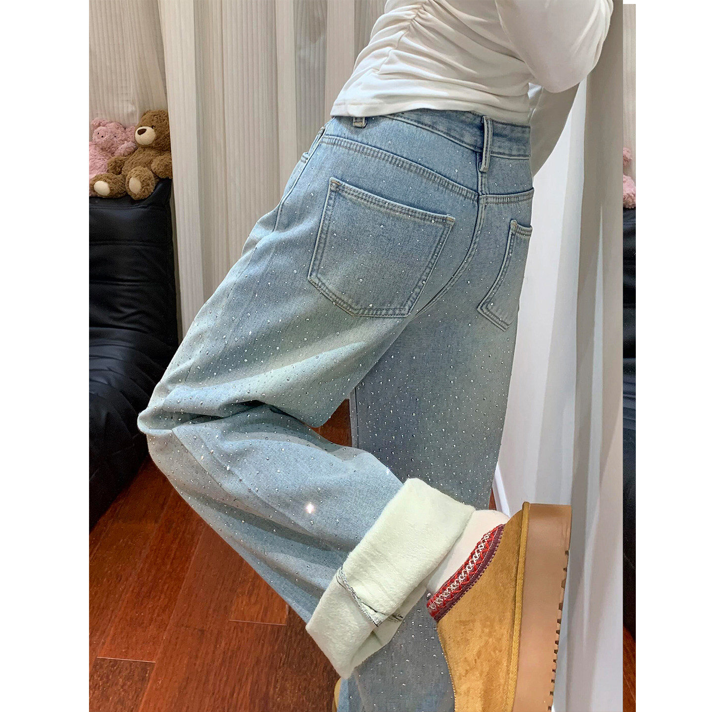 蓝色满天星烫钻阔腿牛仔裤女秋冬加绒加厚胖妹妹mm高腰显瘦直筒裤,淘宝优惠券,粉丝福利购,淘宝优惠卷
