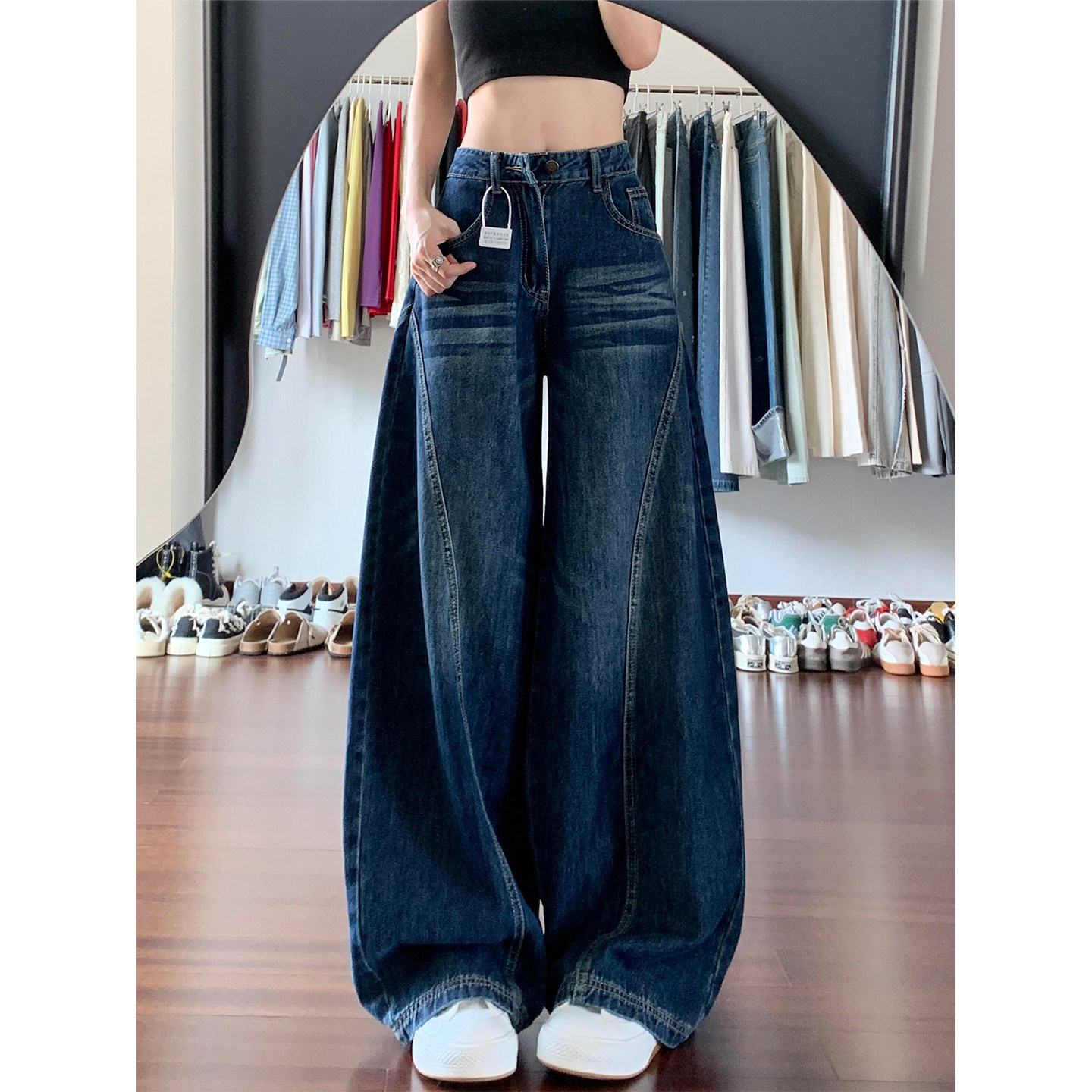 美式复古蓝水洗弯刀牛仔裤女秋冬新款胖妹妹mm高腰宽松显瘦阔腿裤,淘宝优惠券,粉丝福利购,淘宝优惠卷