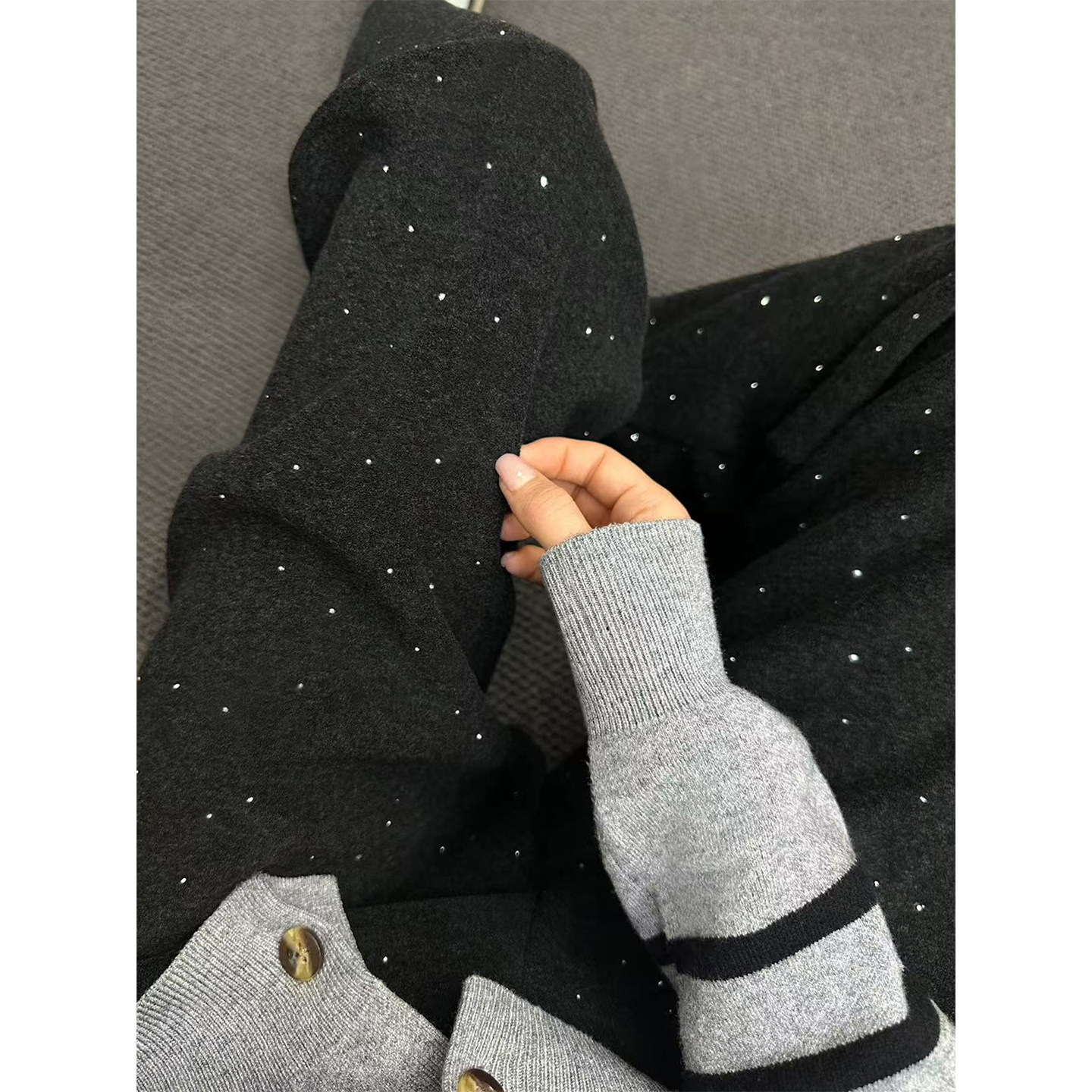 黑灰色闪钻阔腿休闲裤女冬季加绒加厚胖妹妹mm高腰设计感直筒长裤,淘宝优惠券,粉丝福利购,淘宝优惠卷