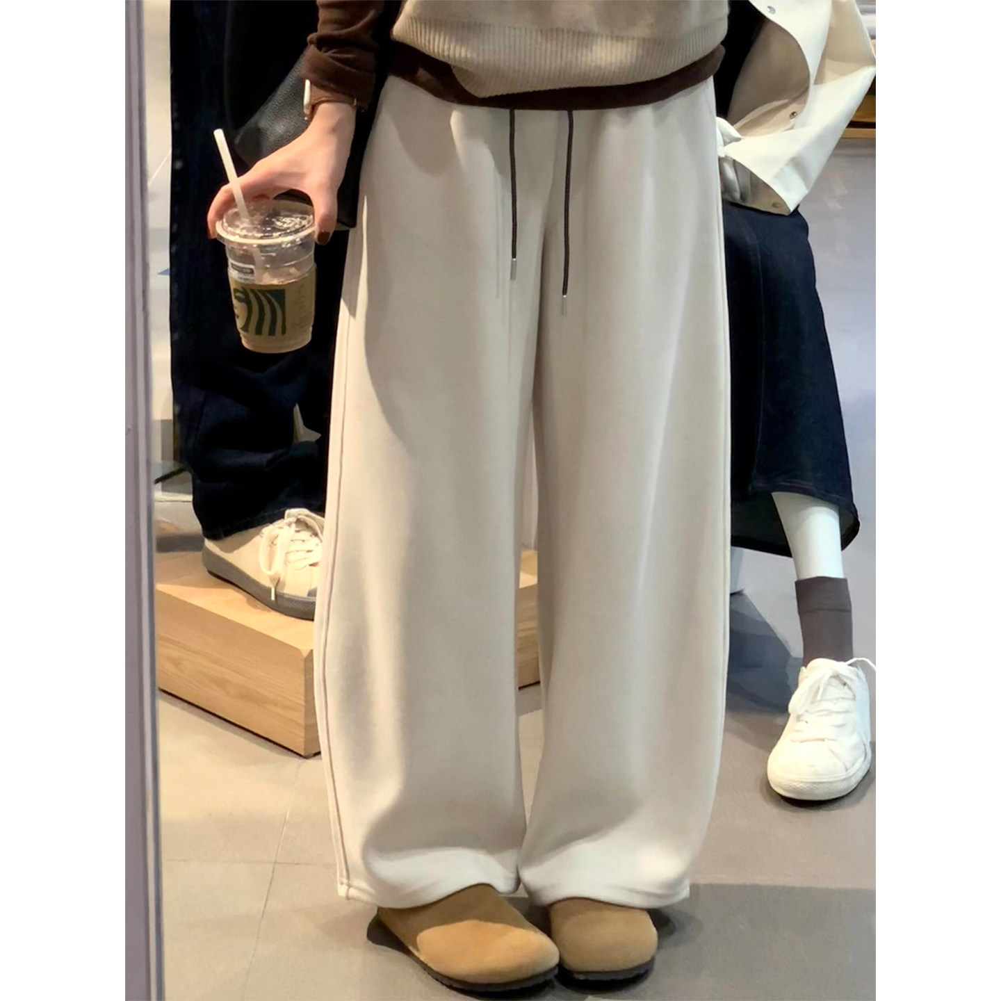 慵懒感米杏色毛呢阔腿裤女秋冬新款胖妹妹mm高腰宽松显瘦休闲裤子,淘宝优惠券,粉丝福利购,淘宝优惠卷