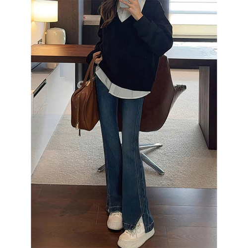 深蓝色开叉微喇牛仔裤女秋冬新款胖妹妹mm梨型身材高腰显瘦喇叭裤 - 图1