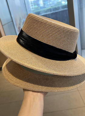 法式平顶草帽女夏季海边防晒遮阳