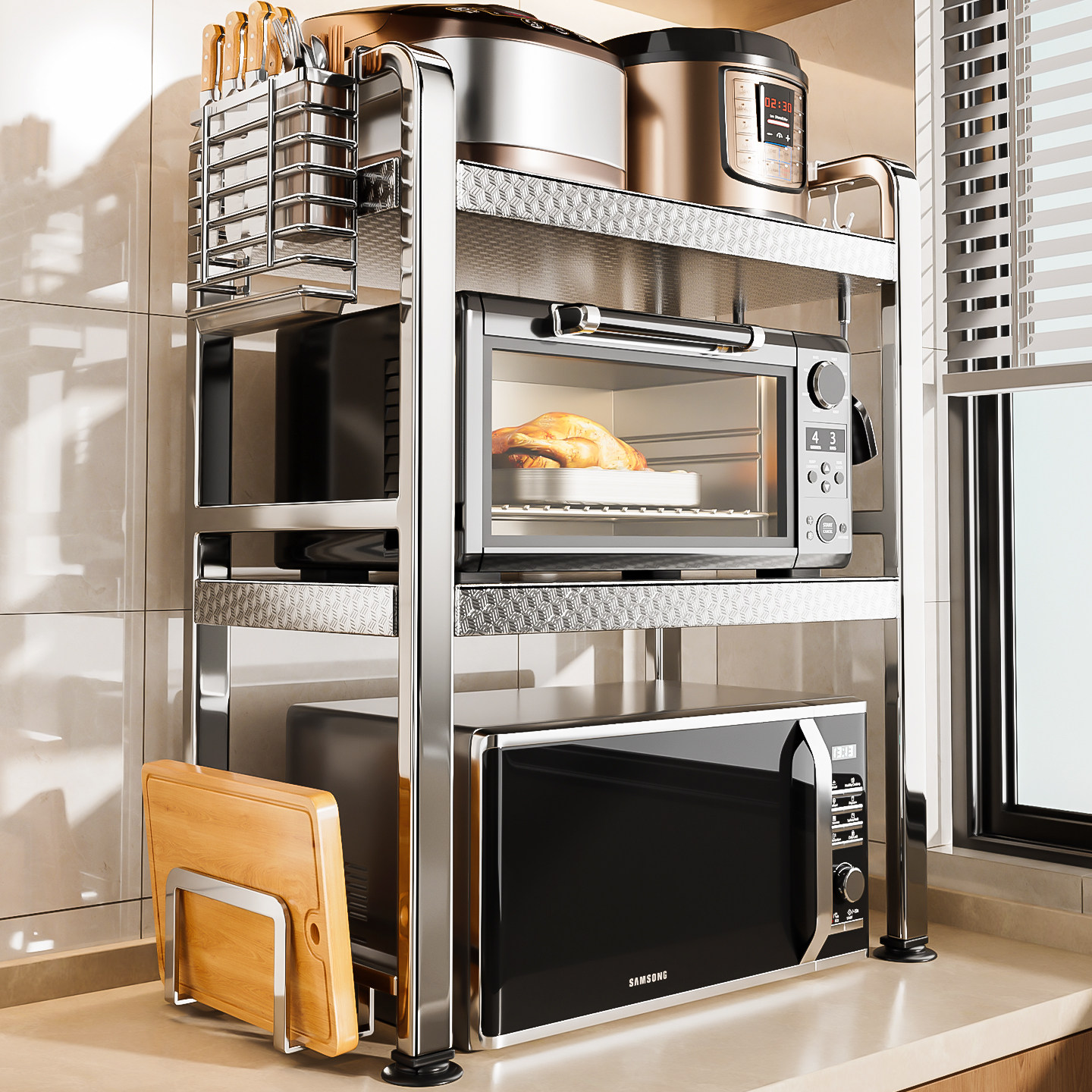 新款不锈钢微波炉置物架厨房多功能烤箱支架家用台面电饭煲收纳架,淘宝优惠券,粉丝福利购,淘宝优惠卷