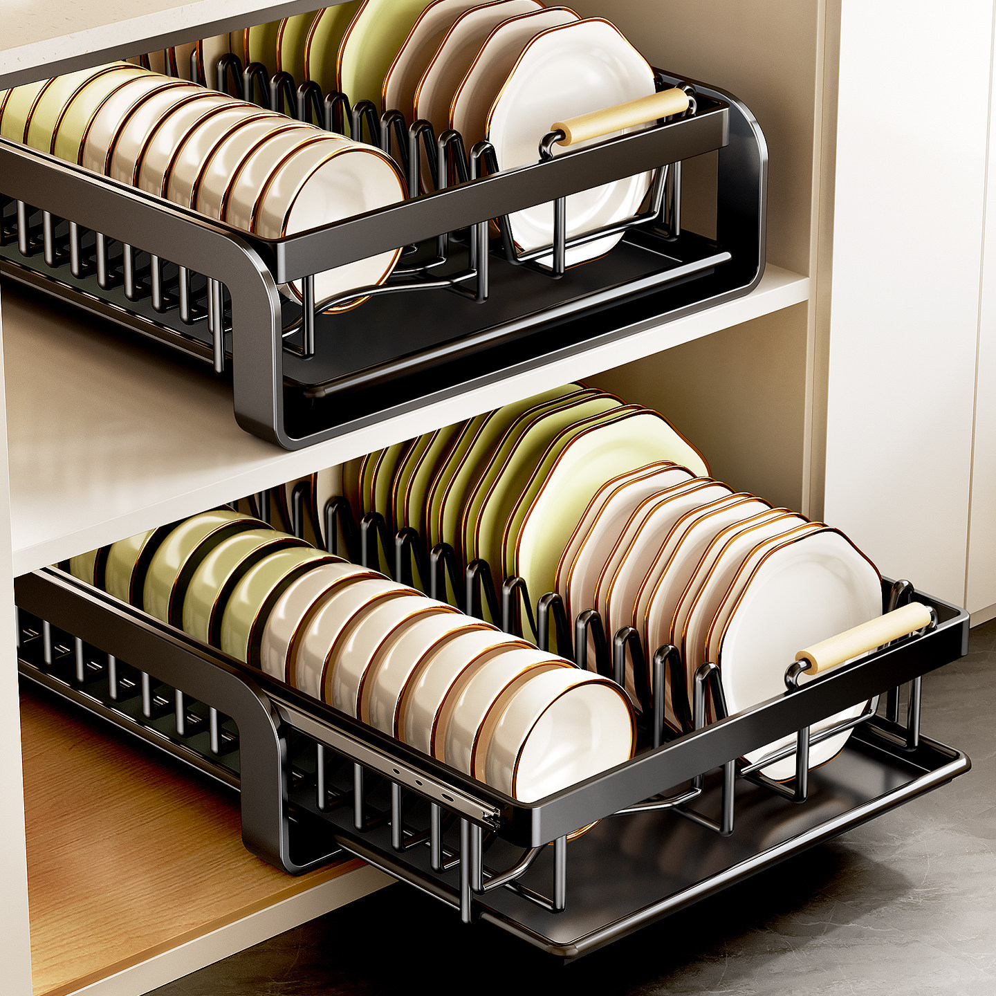 碗碟收纳架厨房抽屉置物架橱柜内置式拉篮大容量抽拉碗盘沥水碗架,淘宝优惠券,粉丝福利购,淘宝优惠卷
