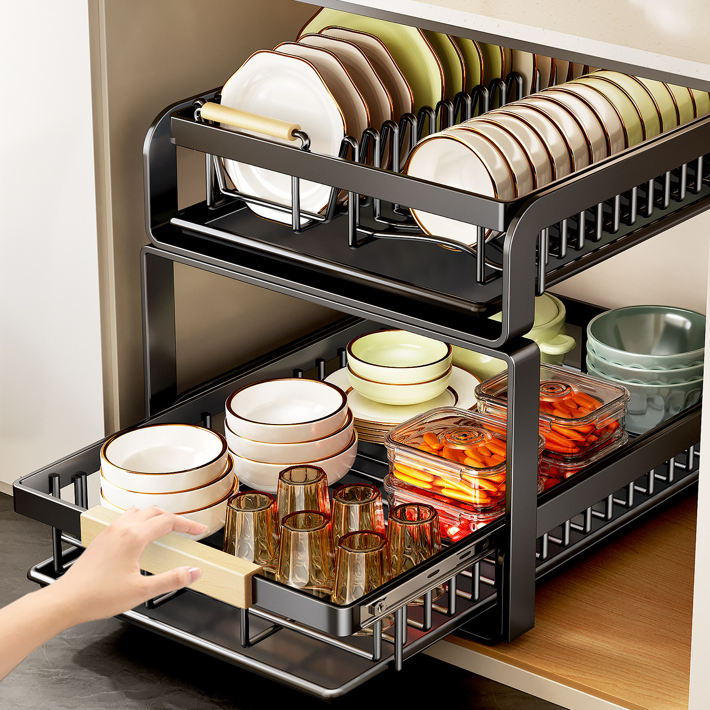 碗碟收纳架厨房抽屉置物架橱柜内置式拉篮大容量抽拉碗盘沥水碗架,淘宝优惠券,粉丝福利购,淘宝优惠卷
