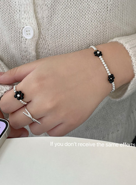 S925纯银黑色玛瑙花朵圆珠戒指手链泫雅风轻奢ins气质高级百搭