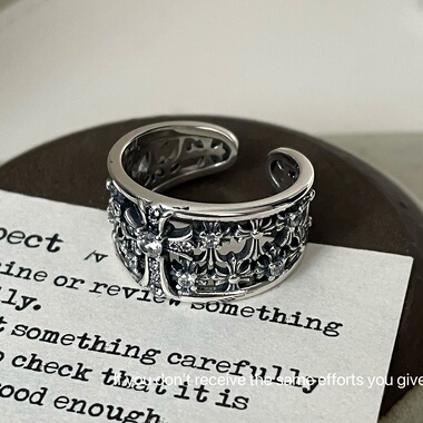 S925纯银镂空十字架镶钻克罗开口戒指女小众宽版食指戒复古高级