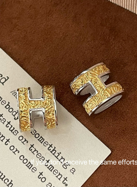 s925纯银H小蛮腰金色唐草纹路路通吊坠女小众设计时尚高级感气质