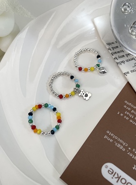 s925纯银彩珠串珠diy戒指女生ins设计小众网红食指戒潮