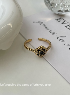 S925纯银古金色十字鸢尾花复古黑色开口戒指轻奢气质高级感食指戒