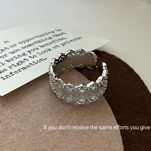 S925纯银蕾丝花边拉丝戒指轻奢中古vintage雕花镂空气质高级感 - 图1