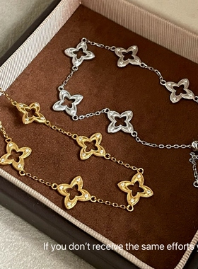 S925纯银镂空四叶草手链拉丝点钻中古风法式高级感轻奢时尚小众