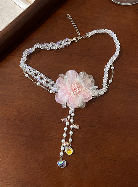 粉色花朵珍珠水晶项链女多巴胺流苏耳环2025年新款甜美锁骨脖颈链
