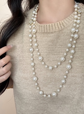 法式高级长款多层叠戴珍珠项链女