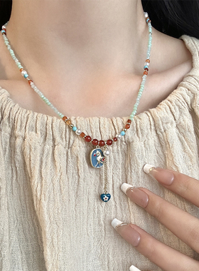 新中式彩色滴釉小马串珠项链女时尚高级感锁骨链复古民族风颈链