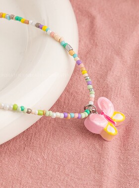 unbeaten彩色串珠蝴蝶项链女
