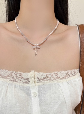 unbeaten蝴蝶结珍珠锁骨链新款