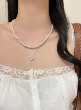 unbeaten双层镶钻蝴蝶结锁骨链