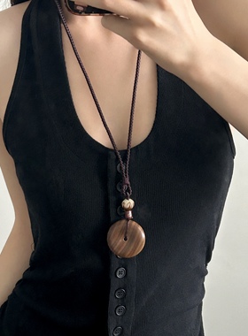 复古民族风檀木吊坠长款项链挂饰