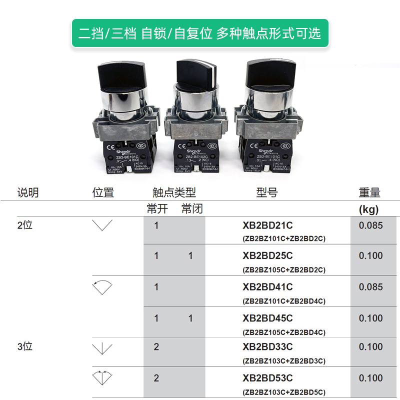 施耐德型XB2-BD21C两档2位旋钮开关XB2-BD33C三档3位ZB2BE101常开 - 图0