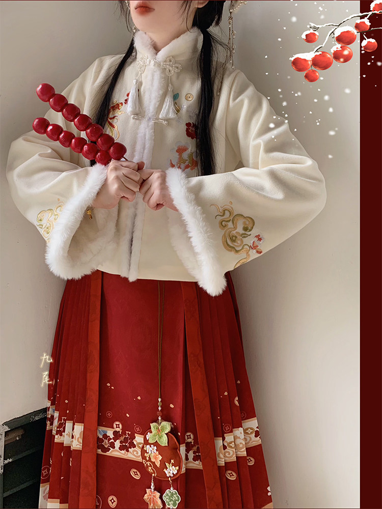 壹拾柒汉服女冬季【遇锦鲤】新中式立领加绒刺绣马面裙日常汉元素,淘宝优惠券,粉丝福利购,淘宝优惠卷