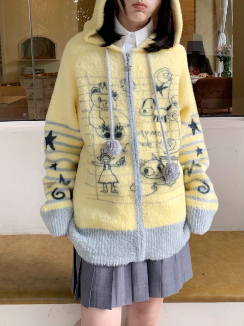 QQ Store CokoStore Original Cute Graffiti Printed Sweater Imitation Minky Fur Loose Hooded Knitted Jacket