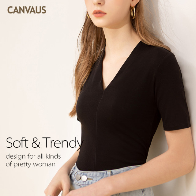 Fashionable cotton V-neck half-sleeved slim T-shirt for women