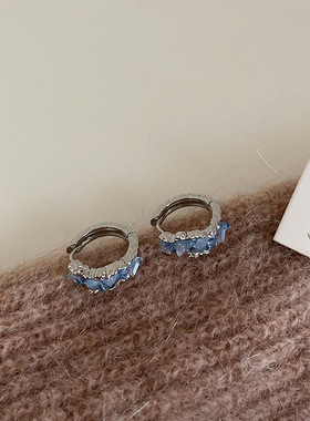 不规则海蓝水晶金属耳扣女